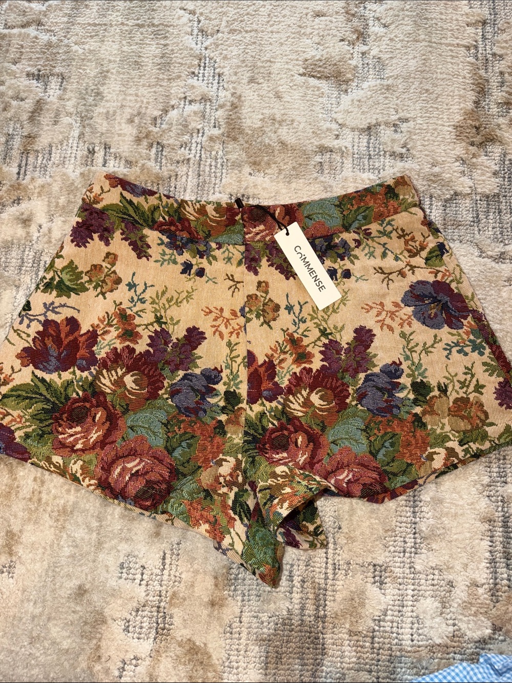 Commense Beige Floral Tapestry High-Waist Shorts